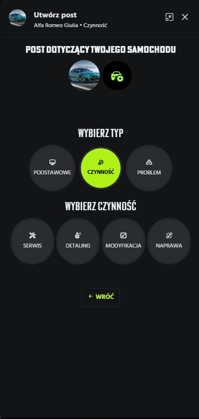 Kreator posta w Wirtualnym Garażu – wybór czynności dla auta